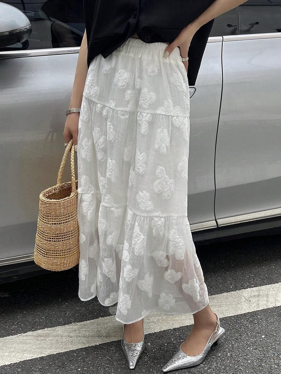 DAZY 提花纹理弹力腰长款女裙，荷叶边秋季半身裙 - 白色 - 查看 1