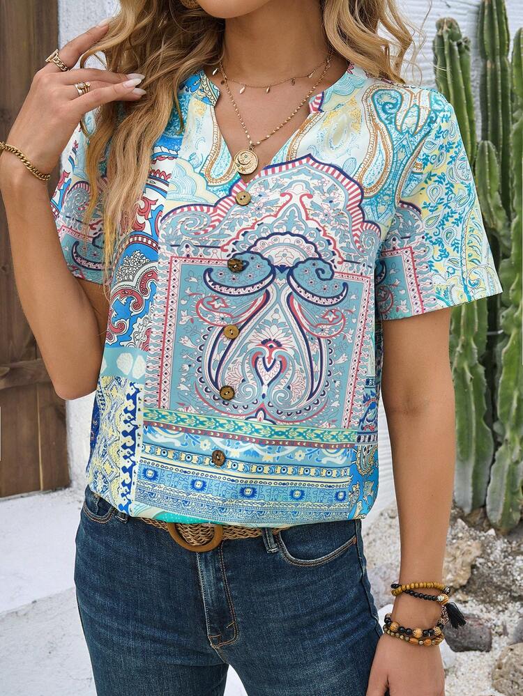 Vintage Print Notched Collar Short-Sleeve Shirt For Vacation And Leisure