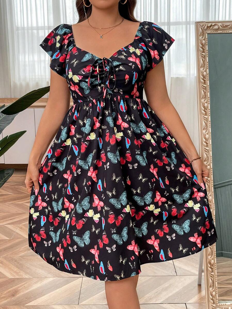 SHEIN Holidaya Plus Size Kỳ nghỉ Giải trí Váy in hình bướm có eo thon và cổ áo dễ thương - màu đen - Xem 1