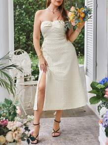 Celure Vestido largo y elegante de verano para mujeres de talla grande, de unicolor, sin tirantes, con abertura lateral y de moda