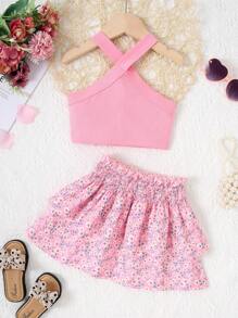 Conjunto de verano para niña joven que incluye top sin mangas de cuello halter y tanque de costilla sólido con falda con estampado floral pequeño y cintura elástica para vacaciones de ocio