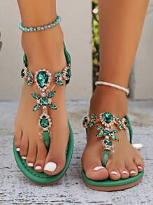 绿色水钻软底人字拖凉鞋女式夏季波西米亚风格防滑轻便罗马风格平底凉鞋女士 - 綠色 - 查看 2