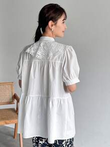 FRIFUL Women Summer Elegant Solid Color Shirt With Lace Collar, Short Puff Sleeve And Tie-Up Front,Ruffle