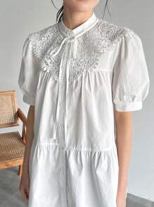 FRIFUL Women Summer Elegant Solid Color Shirt With Lace Collar, Short Puff Sleeve And Tie-Up Front,Ruffle