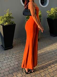 Summer Casual Solid Color Bandeau Wide Leg Jumpsuit Elegant - Rust Brown - View 2