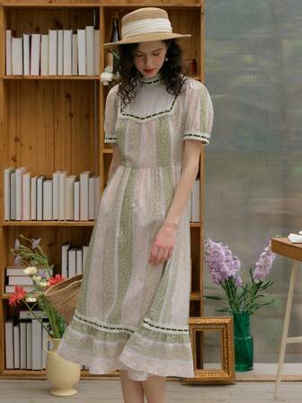 Simple Retro Women Long Holiday Style Collared Patchwork Color Block Printed Dress