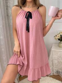 Vestido de dormir con cordón, tirantes de espagueti, dobladillo con volantes y borde de color block para mujer. Vestido casual de verano con volantes en el bajo para mujer.