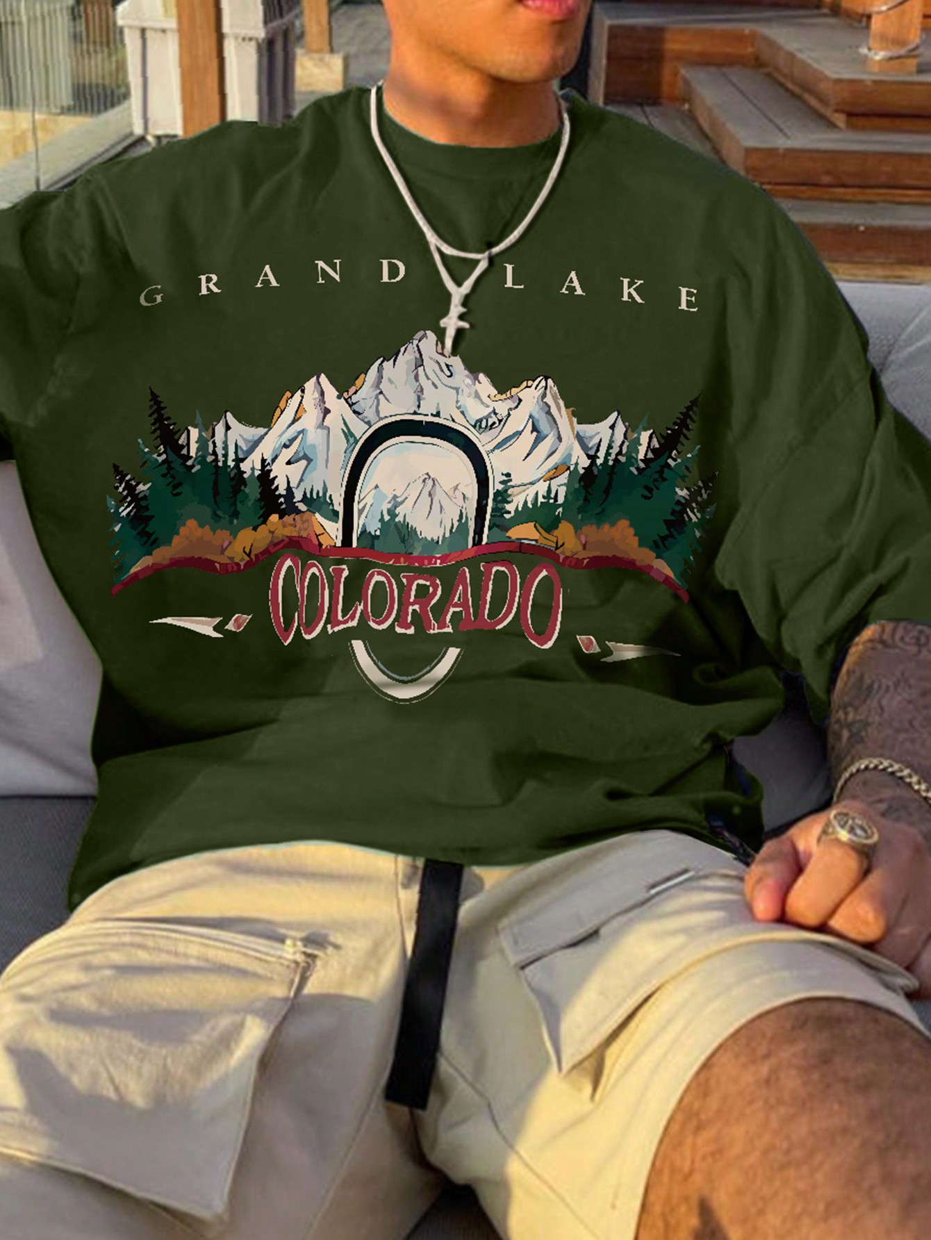 2025 Men's Fashionable Mountain Print Drop Shoulder Short Sleeve T-Shirt, Casual For Daily Wear, Spring/Summer