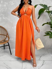 SOLERSUN Crisscross Tie Backless Halter Swing Dress Maxi Women Outfit - Burnt Orange - View 5