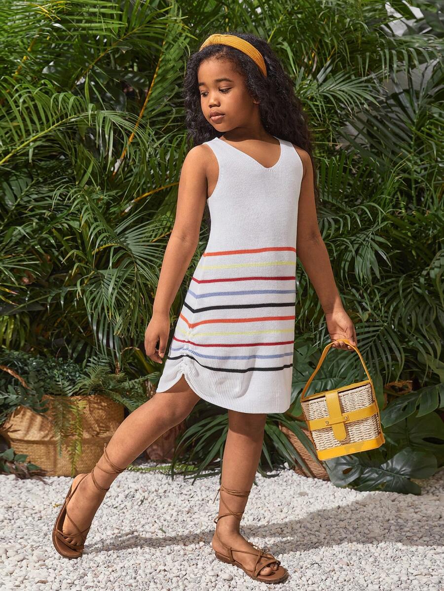 SHEIN Tween Girl Striped Pattern Pleated Sweater Dress For Vacation - Multicolor - View 1