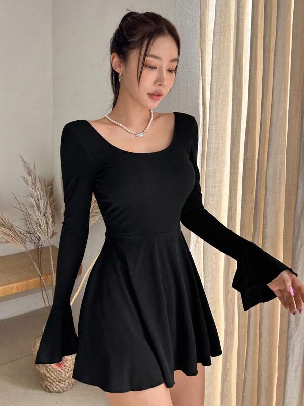 DAZY Women Solid Color Trumpet Sleeves Cinching Waist Swimdress For Beach Vacation Summer,Ruffle