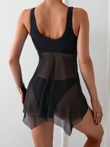 SHEIN Swim Ladies Solid Color Mesh Contrast Ruffle Hem Swimsuit Cover-Up For Beach Vacation Summer - Black - View 2
