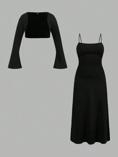 Firerie 中大碼夏季優雅的戶外下午茶2件套裝，女士舒適長袖修身上衣 + 緊身折裥肩帶裙