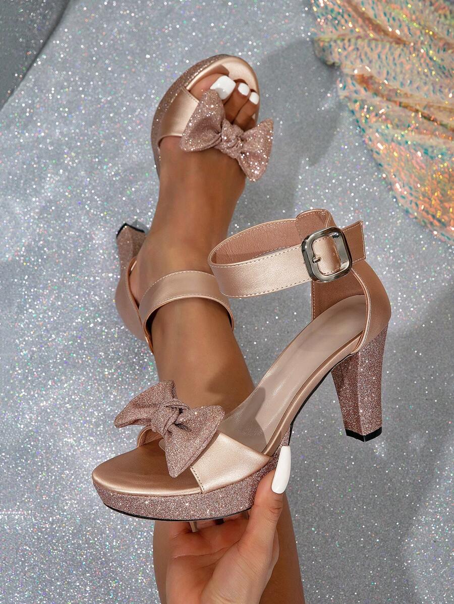 女式高跟防水平底鞋,裝飾蝴蝶結,優雅香檳色厚跟,舒適鞋款 - 香檳色 - 查看 1