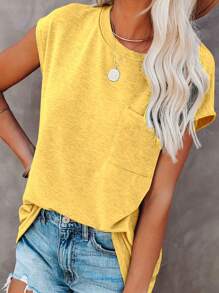 Damska koszulka w jednolitym kolorze z rękawami typu nietoperz, letnia, luźna, swobodna, z kieszeniami i łatkami