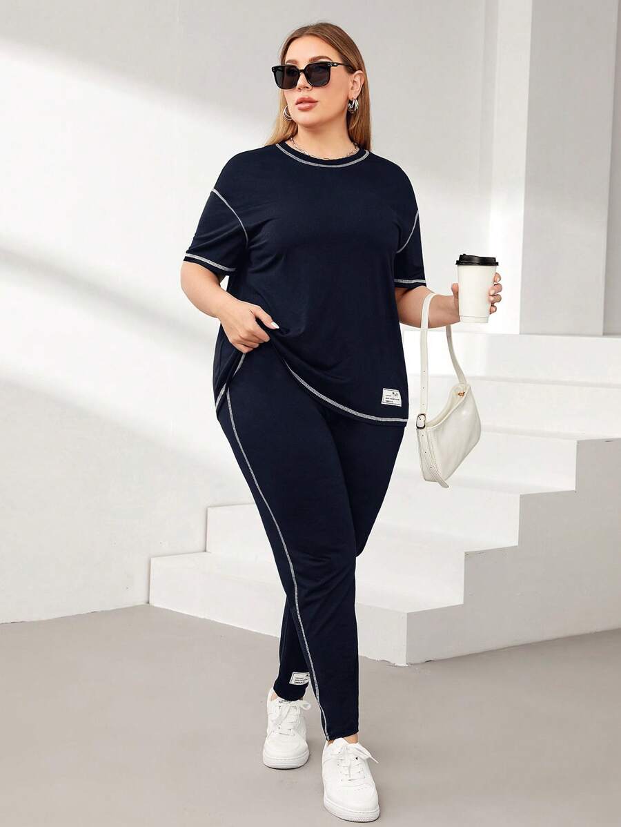SHEIN Essnce Plus Size Contrast Color Trim Round Neck Short Sleeve Top And Long Pants Summer 2pcs/Set - Navy Blue - View 1