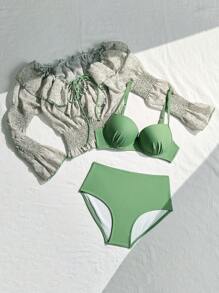 DAZY Holiday Beach Ditsy Floral Wrap Cover Up With Ruffle Hem And Solid Color Bikini Set For Summer Beach Vacation - Multicolor - View 3