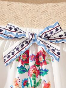 SHEIN Explorewe Tween Girl Printed Ruffle Ruffle Trim Crop Top And High-Low Skirt Set For Vacation - Multicolor - View 6