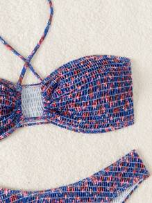 SHEIN Swim Summer Beach Women Vacation Style Print Shirred Bikini Set Two-Piece Set Random Pattern Tied At The Back - Multicolor - View 4