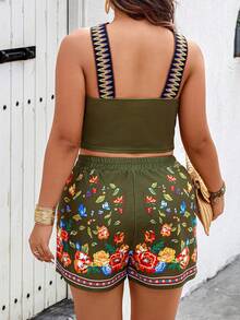 SHEIN Holidaya 大碼女性度假風格隨機印花露背上衣和短褲套裝 - 軍綠色 - 查看 2