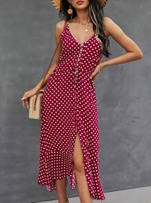 SHEIN LUNE Váy có dây đeo spaghetti không tay in họa tiết chấm bi cho mùa xuân và mùa hè - Màu Đỏ Sâu - Xem 6