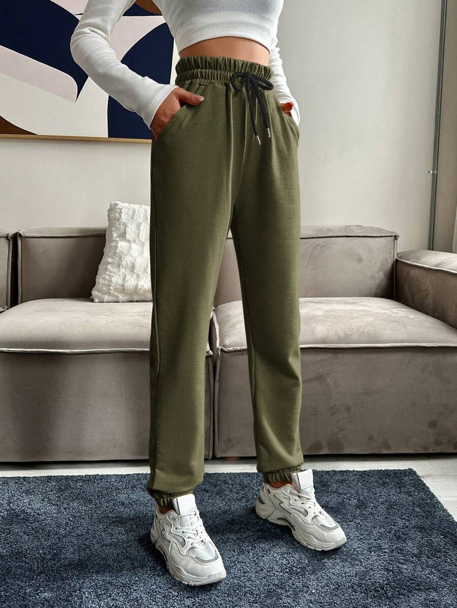 RueChic 腰部抽繩斜口袋衛褲 - 綠色 - 查看 1