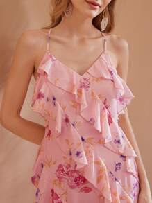 MOTF PREMIUM FLORAL PRINT LAYERED RUFFLE TRIM SLIP DRESS - Multicolor - View 3