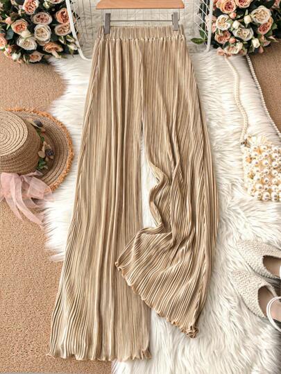 Omancia 女士時尚純色寬鬆褶皺闊腳長褲