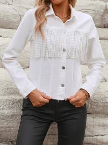 SHEIN LUNE Women Spring And Autumn Long Sleeve Fringe Hem Casual Denim Jacket - White - View 6