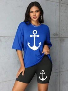 女士夏季錨印花短袖T恤和短褲套裝，圓領和蝙蝠袖款式，休閒裝 - 彩色 - 查看 4