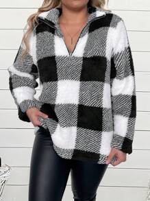 SHEIN LUNE 大尺碼春秋款休閒格紋前拉鍊毛絨衛衣 - 黑與白 - 查看 3