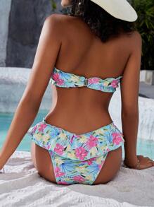 Swim Mod Conjunto de bikini con estampado tropical de plantas para mujer de playa de verano con dobladillo con volantes, sin tirantes, simple pero elegante, perfecto para unas vacaciones