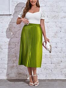SHEIN Privé Falda plisada simple de unicolor para mujeres de talla grande - Verde - Ver 6