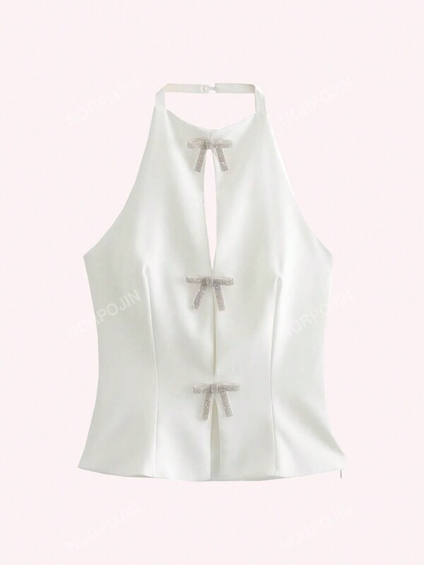 Women's 14 Strap Drop Diamond Bow Decorated Neck Top
