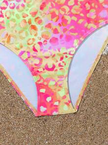 Tween Girl Swimwear Set, Colorful Leopard Print Bikini Set, Spring/Summer Crossed Two-Piece Swimwear Summer Beach - Hot Pink - View 3