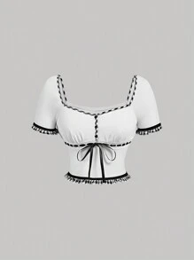 SHEIN MOD White Plaid Lace Inserted Summer Tee With Tie Strap