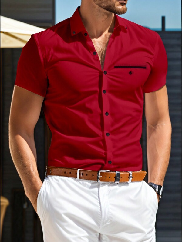 Manfinity Mode Camisa roja de manga corta para hombre con diseño de bolsillo simulado, camisa holgada en tono rojo oscuro con botones para regalo de novio