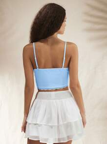 Forever 21 女性花邊拼接V領修身短款背心，夏季休閒穿著 - 藍色 - 查看 2