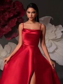 VIPGIRL 高腰优雅女士晚会礼服，开叉大腿婚礼宾客礼服，礼服 - 紅色 - 查看 6