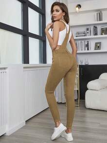 SHEIN Essnce Overol informal de mezclilla de unicolor con ajuste delgado para primavera y verano - Caqui - Ver 2