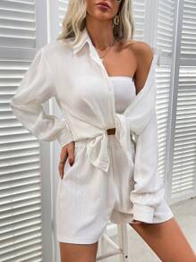 SHEIN LUNE Conjunto de 2 piezas de camisa y shorts versátil de moda para mujer en verano - Blanco - Ver 6