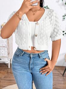 Calvaya Chaqueta casual de talla grande para mujer con manga corta de unicolor de verano con cuello en V y diseño calado en la parte delantera