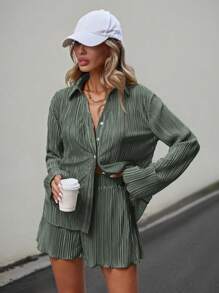 Siren Gaze Women Casual Solid Color Simple Style Long Sleeve Shirt And Shorts Two-Piece Set For Spring/Summer Winter