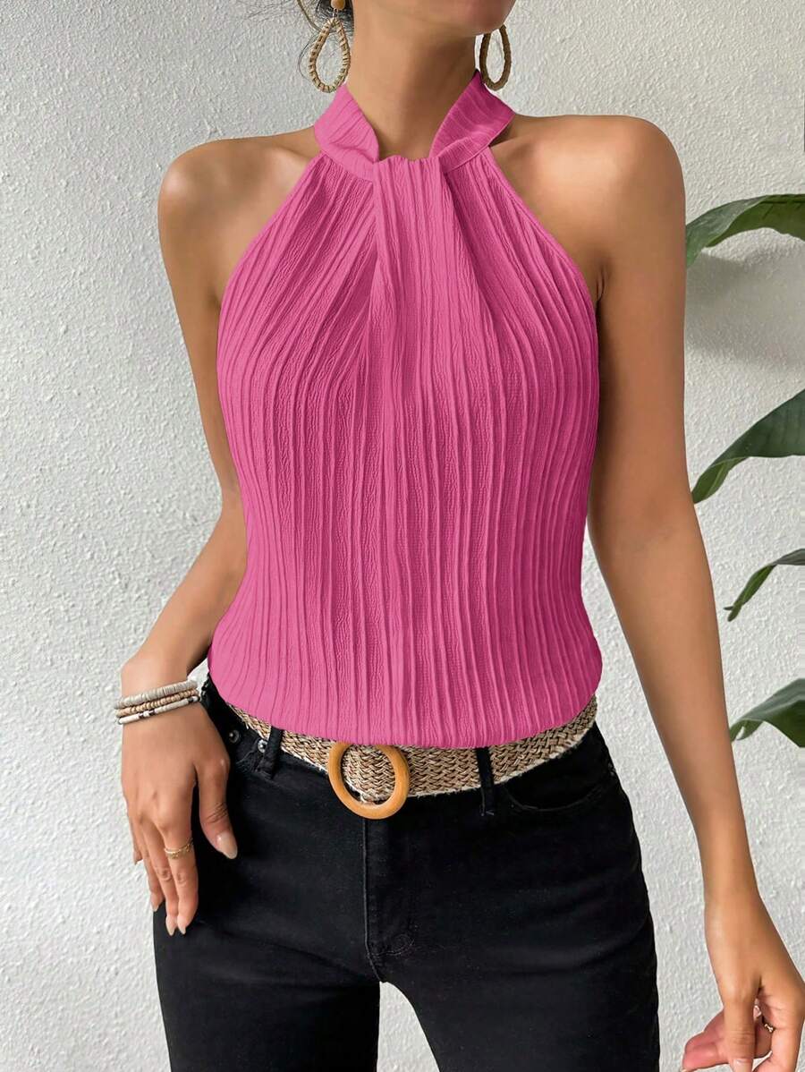 Chiquease Blusa casual y elegante de hombros descubiertos para mujer en unicolor - Rosa Fucsia - Ver 1