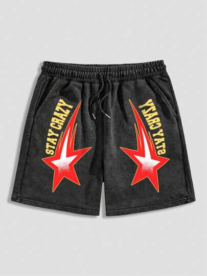 Prep Pantalones cortos con cordón con estampado de letras para hombre, adecuados para uso diario en primavera y verano