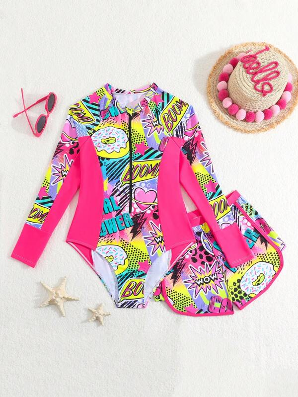 SHEIN Conjunto de traje de baño de una pieza y shorts para adolescente con diseño de letra y dibujos animados, cremallera con medio cierre y mangas largas para la playa de verano. Estampado aleatorio.