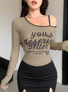 DAZY Women Spring Casual Butterfly Slogan Print Slim Fit Long Sleeve T-Shirt IN THE WORLD YOU DESERVE ALL THE GOOD THINGS  YOU DESERVE BETTER