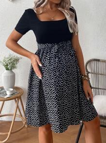 SHEIN Maternity Summer Square Neck Short Sleeve Patchwork Floral Print Casual Dress