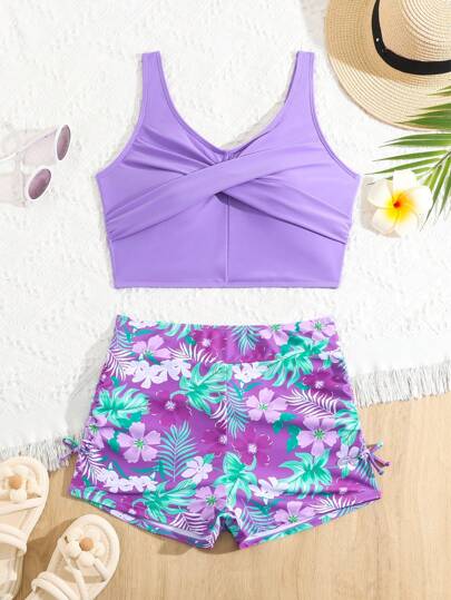 Teen Girl Holiday Crossed Plain Top And Tropical Print Shorts Swimwear Set