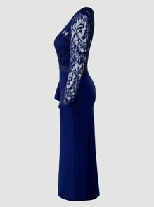 SHEIN Belle Vestido de noche verde de encaje y transparencias, vestido maxi para mujer